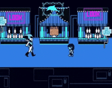 a video game scene with a person standing in front of a bowling alley and a dolphin .