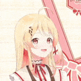 a girl with blonde hair and red eyes has a music note on her head