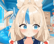 a blonde anime girl with blue eyes and white ears is standing in front of a window