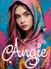a girl with pink hair is wearing a hoodie with the name angie