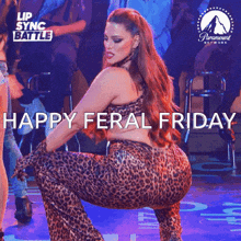 a woman in a leopard print outfit is kneeling down with the words happy feral friday below her