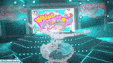 a girl in a white dress is dancing on a stage with a sign that says win