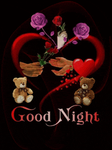 a greeting card that says good night with teddy bears and hearts