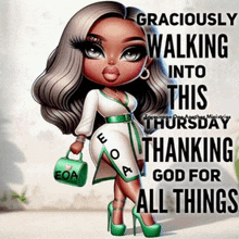 a cartoon of a woman walking into thursday thanking god for all things