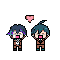 a pixel art of two boys standing next to each other with a heart above them .