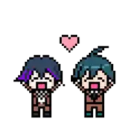 a pixel art of two boys standing next to each other with a heart above them .