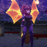 a video game character with purple and orange wings is standing in front of a lantern