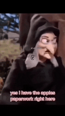 the witch from snow white and the seven dwarfs is wearing a hooded cape .