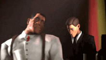 a man in a white shirt and red tie is standing next to another man in a black suit