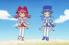 two cartoon characters standing next to each other with one wearing a blue top hat