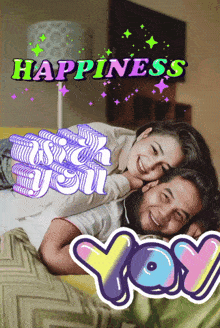 a picture of a man and woman laying on a couch with the words happiness above them