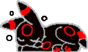 a pixel art drawing of a black rabbit with red eyes and a red tail .