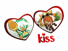 two hearts with cartoon characters on them and the word kiss underneath