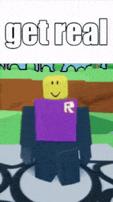 a roblox character wearing a purple shirt with a r on it