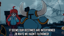 a cartoon of a girl giving a thumbs up next to a knight with horns