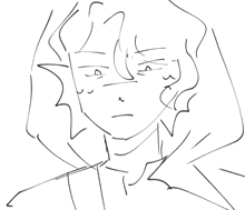 a black and white drawing of a man with a hood on his head