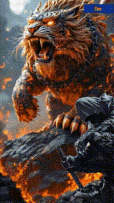 a painting of a lion with a chain around its neck is surrounded by flames