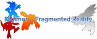a logo that says digimon fragmented reality with a shadow of a dragon