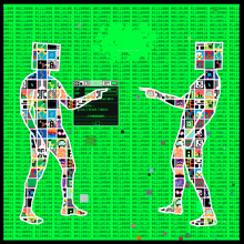 two people are standing in front of a screen that says ' green / black / white > '