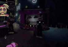 a cartoon character in a pink and green outfit is standing in front of a microphone in a video game