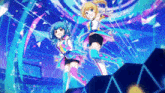 two anime girls are standing next to each other on a stage in a stadium .