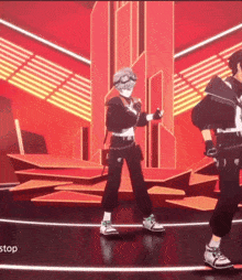 two anime characters are dancing in front of a red background with the word stop in the corner