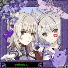 a picture of two anime girls with purple flowers and a purple pikachu with the words selfcest on the bottom