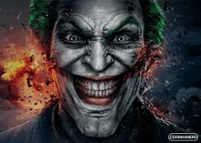 a close up of a joker 's face with a huge smile on his face .