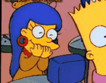 bart simpson and marge simpson are sitting at a table with their hands on their faces .