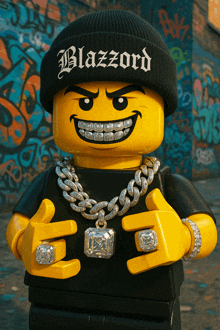 a lego figure wearing a beanie that says blazzard on it