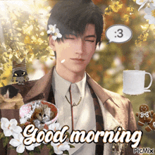 a picture of a man with his eyes closed and the words good morning written below him