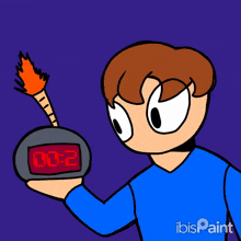 a cartoon of a man holding a bomb that says 0:02