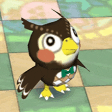 a cartoon owl wearing a bow tie is standing on a checkered floor .