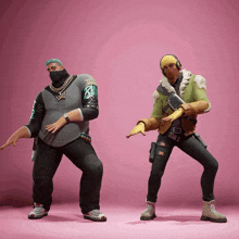 a man with a mask on his face is standing next to another man with a gun