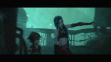 a woman with blue hair is standing next to a little boy