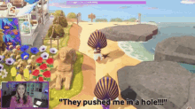 a woman playing a video game with the words " they pushed me in a hole "