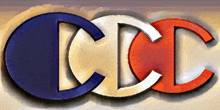 a blue white and red logo with the letters cc