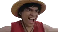 a man wearing a straw hat and a red shirt