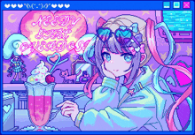 a pixel art drawing of a girl holding a drink with a speech bubble that says needy girl girlfriends