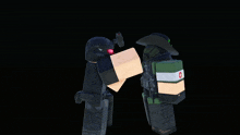 two soldiers are standing next to each other and one has a white bandage with a red cross on it