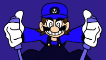 a cartoon character wearing a blue hat is giving a thumbs up