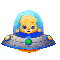 a cartoon character is flying in a flying saucer