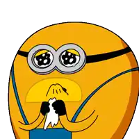 a cartoon drawing of a minion wearing overalls and glasses