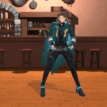 a cartoon character is standing in front of a bar with stools