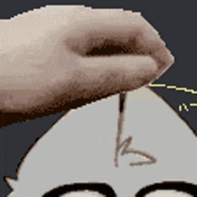a pixelated image of a person 's hand holding a pencil over a cartoon face