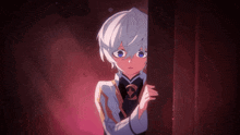 a young boy with white hair and blue eyes is peeking out from behind a door .