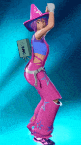 a girl with purple hair is wearing a pink outfit and a purple hat with the word bmc on it