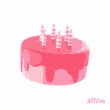 a birthday cake with pink frosting and candles says aliyas on the bottom right