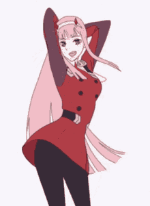 zero two from darling in the franxx is dancing in a red dress and black tights .