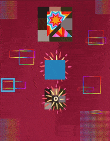 a red background with colorful squares and triangles